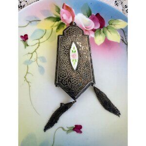 Antique 1910s Compact Coin Purse Silverplate Guilloche Enamel